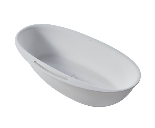 67 in. Stone Resin Flatbottom Solid Surface Freestanding Soaking Bathtub in White with Brass Drain
