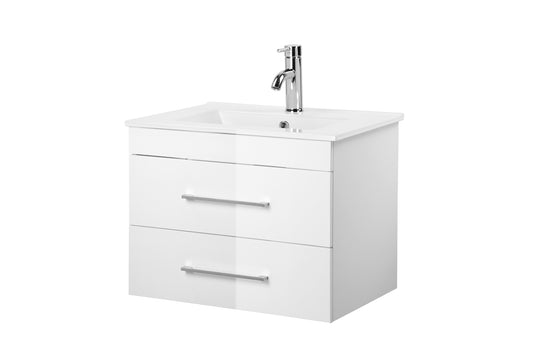 24-Inch White Gloss Wall-Mounted Bathroom Vanity with Double Drawers, Soft-Close System,Ceramic Sink,  Create a Modern and Minimalist Bathroom Space!