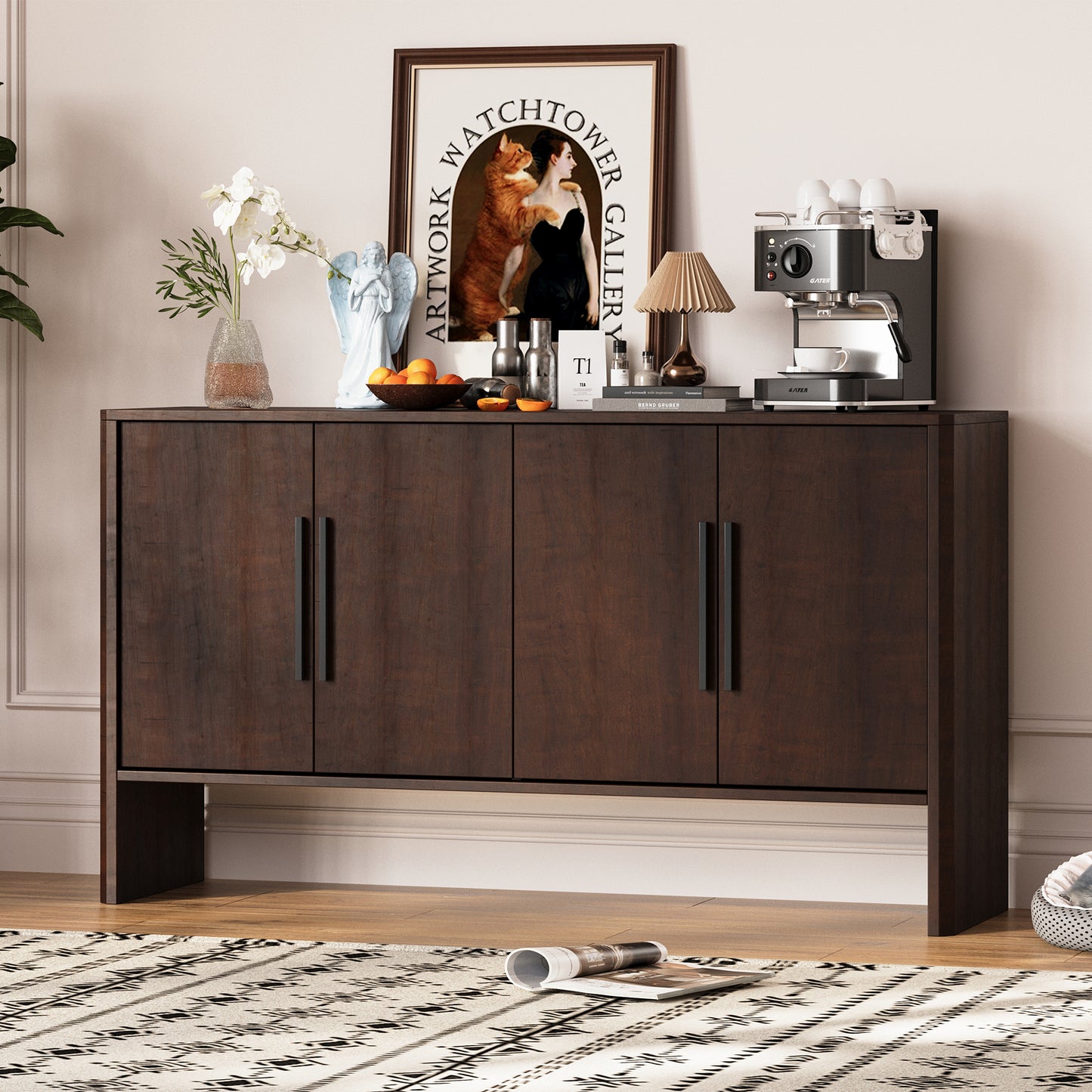 TREXM Sideboard Buffet Cabinet with Storage, Retro Sideboard Cabinet with Adjustable Shelves and Long Handles, 4-Door Wood Sideboard for Kitchen, Dining Room and Living Room (Espresso)
