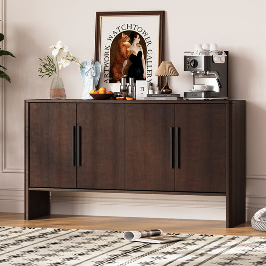 TREXM Sideboard Buffet Cabinet with Storage, Retro Sideboard Cabinet with Adjustable Shelves and Long Handles, 4-Door Wood Sideboard for Kitchen, Dining Room and Living Room (Espresso)