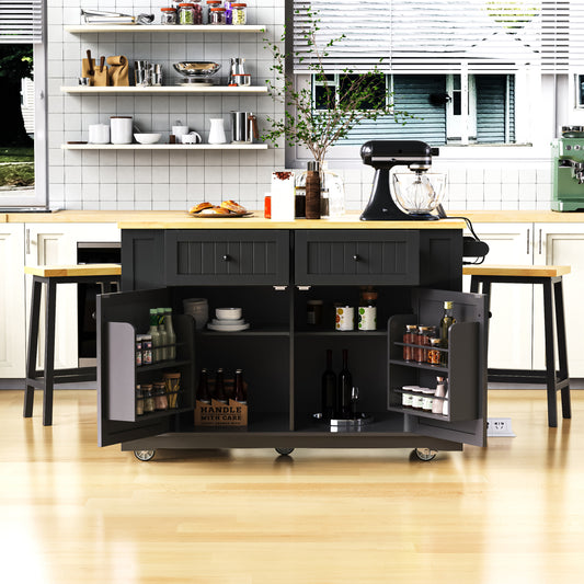K&K 48inch Large Kitchen Island with 2 Bar Stools, Power Outlet, Door Internal Storage Rack, Kitchen Storage Cart on 5 Wheels with Drop Leaf, 5 Open Side Racks, 2 Drawers,for Kitchen,Dining Room,Black