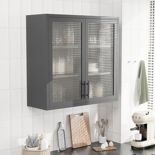 Retro Style Wall Mounted Cabinet Table-Top Storage Cabinet with Hazy Glass Doors and 2 Adjustable Shelves for Bathroom Kitchen Living Room Kitchen Hallway-Black Outdoor Paint, Waffle-Grids Glass