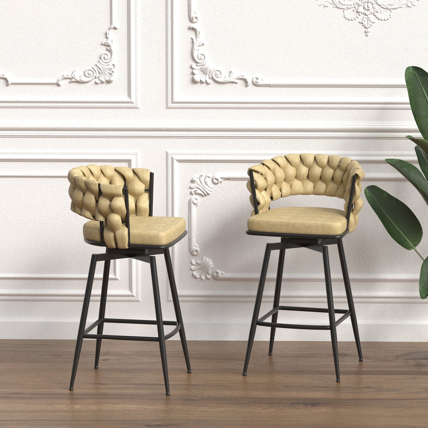 28' Technical Leather Woven Bar Stool Set of 2,Black legs Barstools No Adjustable Kitchen Island Chairs,360 Swivel Bar Stools Upholstered Counter Stool Arm Chairs with Back Footrest (Light Brown)