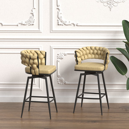 28' Technical Leather Woven Bar Stool Set of 2,Black legs Barstools No Adjustable Kitchen Island Chairs,360 Swivel Bar Stools Upholstered Counter Stool Arm Chairs with Back Footrest (Light Brown)
