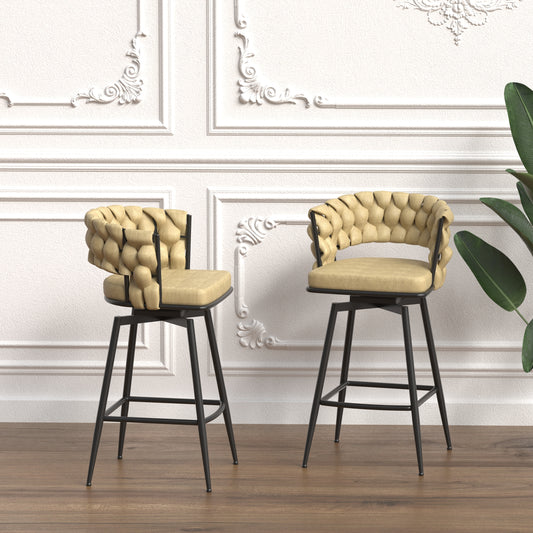 28' Technical Leather Woven Bar Stool Set of 2,Black legs Barstools No Adjustable Kitchen Island Chairs,360 Swivel Bar Stools Upholstered Counter Stool Arm Chairs with Back Footrest (Light Brown)