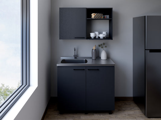 Alexandria 2 Piece Kitchen Set, Wall Cabinet + Utility Sink, Black
