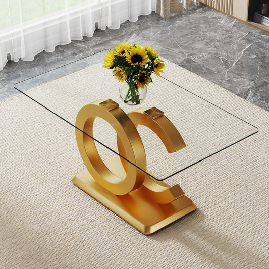 Large modern minimalist rectangular glass dining table suitable for 6-8 people, equipped with 0.39 'tempered glass tabletop, gold MDF OC shaped bracket and gold base, suitable for kitchen.