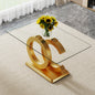 Large modern minimalist rectangular glass dining table suitable for 6-8 people, equipped with 0.39 'tempered glass tabletop, gold MDF OC shaped bracket and gold base, suitable for kitchen.