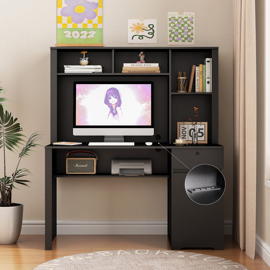 Computer Desk with Hutch & Bookshelf,Wood Executive Desk Teens Student Desk Writing Laptop Home Office Desk with Drawers,3 AC Outlets and 2 USB Charging Ports,Study Laptop Table for Home(Black)