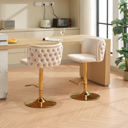A&A Furniture,Swivel Barstools Adjusatble Seat Height With Gold-plating Base, Classic Velvet Upholstered Bar Stools with the whole Back Tufted, for Home Pub and Kitchen Island,Beige, Set of 2