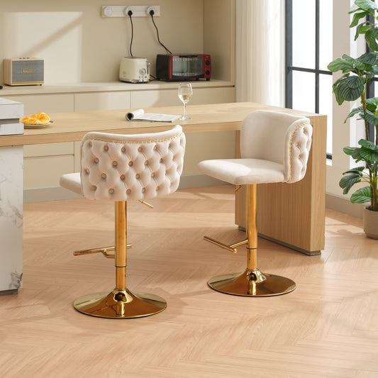 A&A Furniture,Swivel Barstools Adjusatble Seat Height With Gold-plating Base, Classic Velvet Upholstered Bar Stools with the whole Back Tufted, for Home Pub and Kitchen Island,Beige, Set of 2