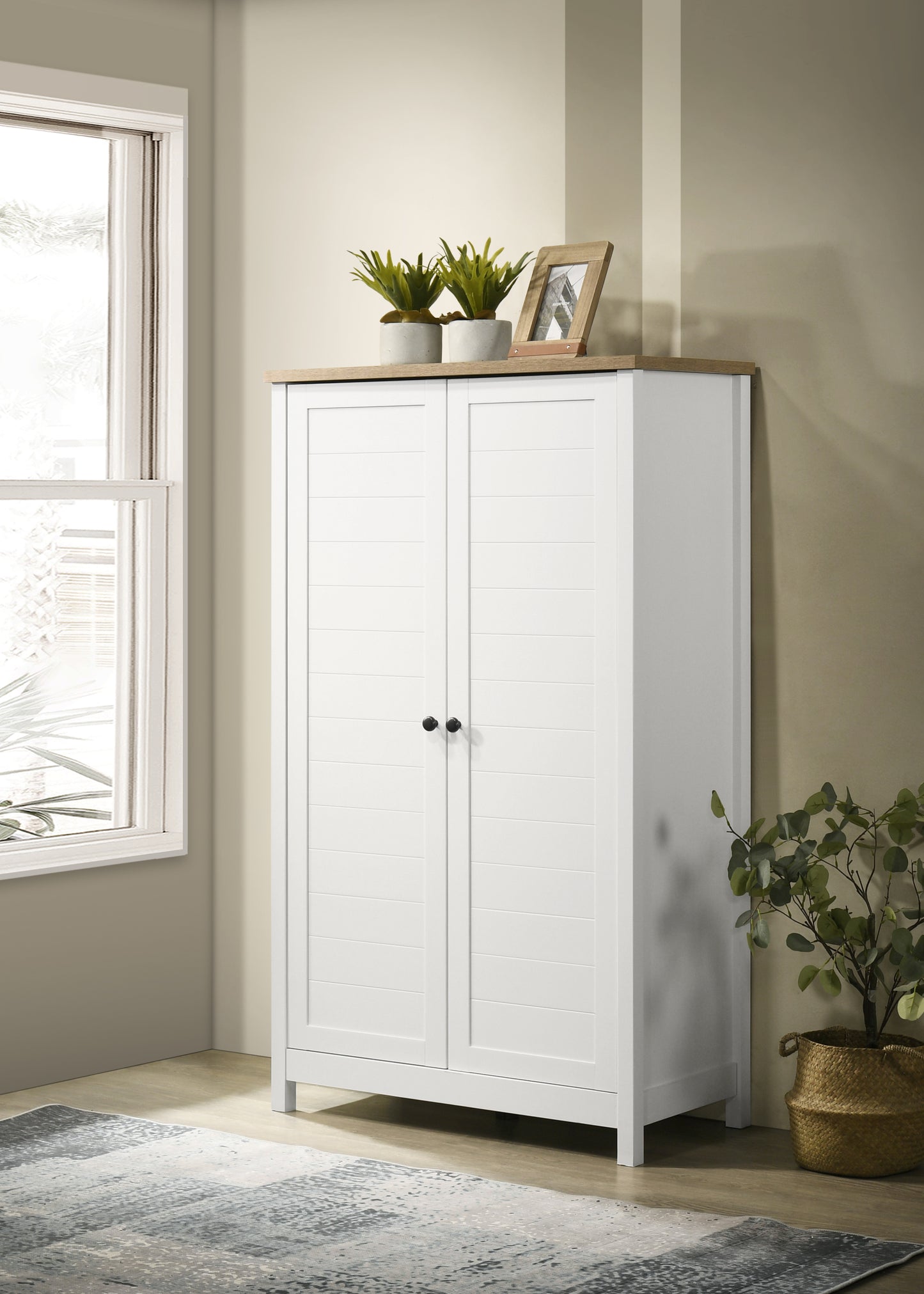 Claire 35' White Storage Cabinet with Oak Accent Finish and Framed Slatted Panel Design