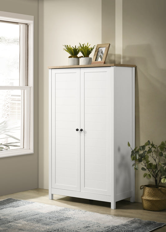 Claire 35' White Storage Cabinet with Oak Accent Finish and Framed Slatted Panel Design