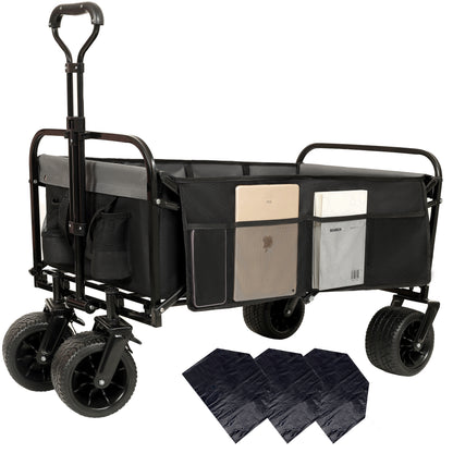 440lbs Collapsible Foldable Wagon Cart with strapping system ,Beach Wagon Utility Cart Utility Wagon Grocery Cart for  Camping Shopping Sports Gardening Fishing Supports   3pcs plastic Liner bag Black
