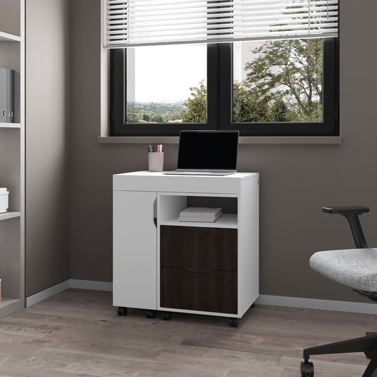 Loris Extendable Desk with Two Drawers, Open Shelves, and Sliding Mechanism