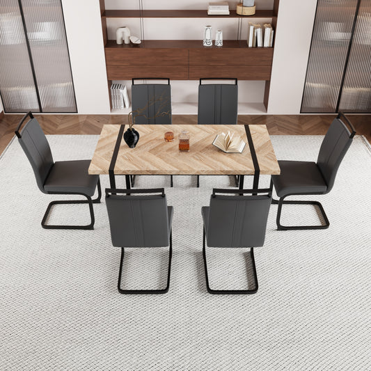 59 ' Dining Table Rural Industrial Rectangular MDF Light Wood Set and PU Armless Dining Chair Set, 6-piece. Kitchen Black Metal Table Leg Dining Chair Set