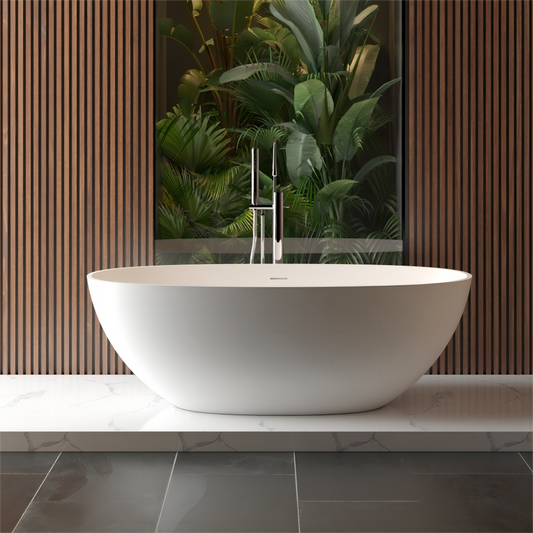 65' Freestanding Solid Surface Bathtub, Luxury Handcrafted Stone Resin Freestanding Soaking Bathtub with Overflow and Pop-up Drain, Matte White 24S06-65MW