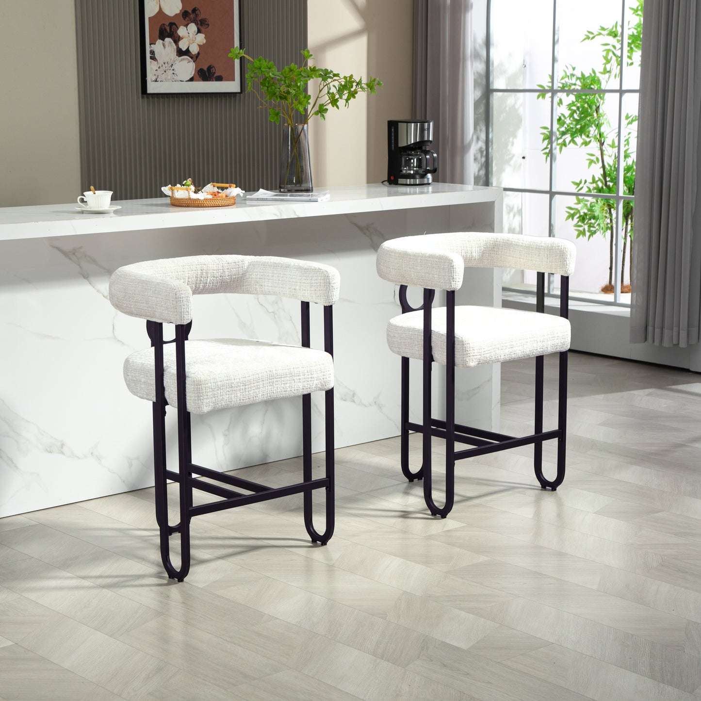 House Hold Bar Stools Set of 2, Modern Bar Stool with Back, Black Metal Frames, Upholstered Bar Stools for Kitchen Island, Pub, Club (Beige Chenille)