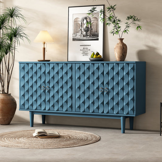 TREXM Modern 4-door Sideboard with Convex Pattern Doors and 2 Silver Handle for Living Room, Dining Room, Kitchen (Navy)