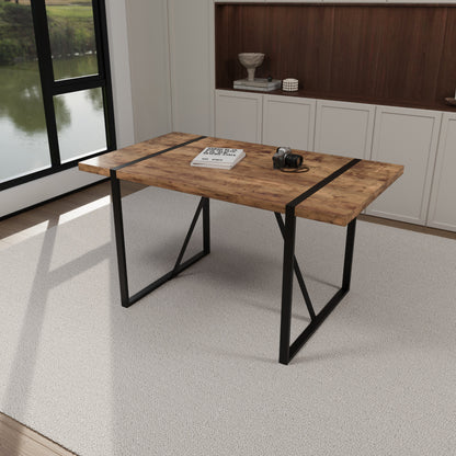 55 ' dining table modern rural industrial rectangular MDF dark wood, 4-6 people, 1.5' thick engineering wood tabletop and black rectangular metal legs, used for home & kitchen