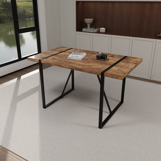 55 ' dining table modern rural industrial rectangular MDF dark wood, 4-6 people, 1.5' thick engineering wood tabletop and black rectangular metal legs, used for home & kitchen