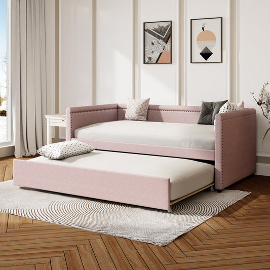 Modern Style Twin Size Upholstered Daybed with Trundle for Guest Room, Small Bedroom, Study Room, Pink