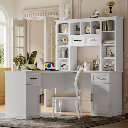 L-Shaped Computer Desk with 2 Cabinets and 2 Drawers, 11 Open Shelves and 1 Right Flip Shelf with Storage, with Power Outlet, for Study, Living Room and Office, White