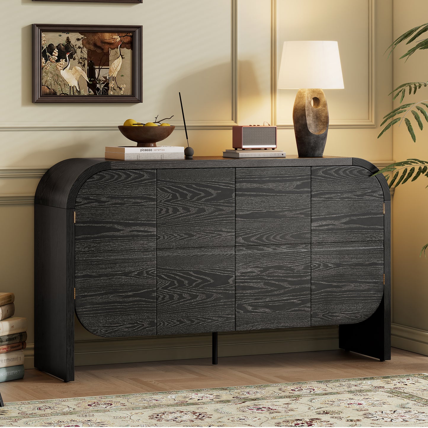 TREXM Buffet Cabinet with Storage, Wood Sideboard Cabinet with Curvy Edge, 4 Doors Retro Credenza Storage Cabinet with Adjustable Shelves for Living Room, Kitchen (Black)