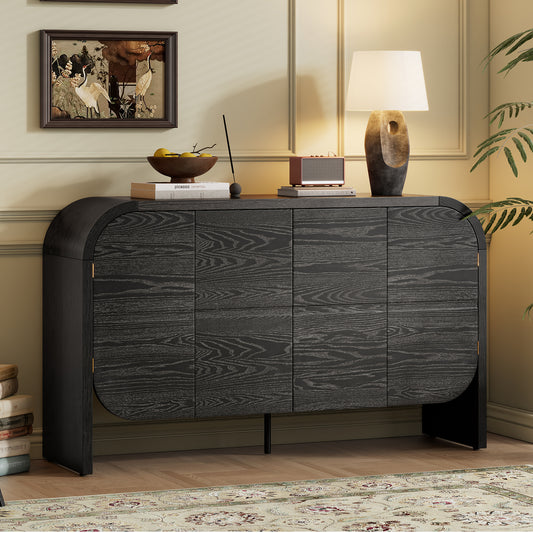 TREXM Buffet Cabinet with Storage, Wood Sideboard Cabinet with Curvy Edge, 4 Doors Retro Credenza Storage Cabinet with Adjustable Shelves for Living Room, Kitchen (Black)