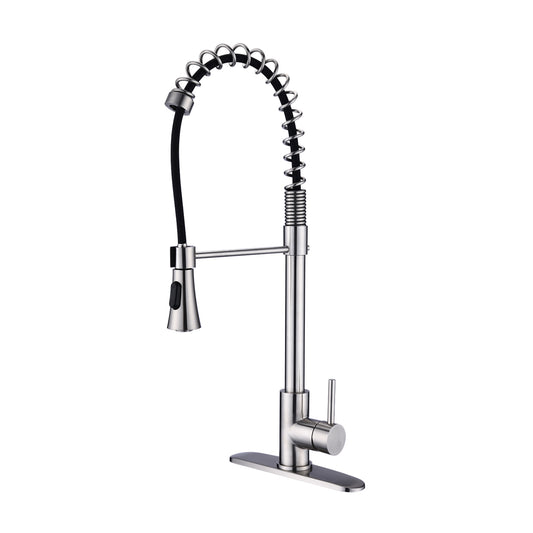 Brushed Nickel Single Handle Commercial Modern Spring High Arc Kitchen Faucet Water Filter System Bends as You Want