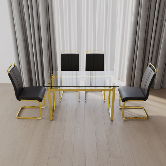 51 inch Glass Dining Table Set for 4, Dining Table & Chair Sets with Golden Plating Legs for Kitchen, Modern Rectangle Tempered Glass Table Top and  PU Dining  armless Chair for Dining Room