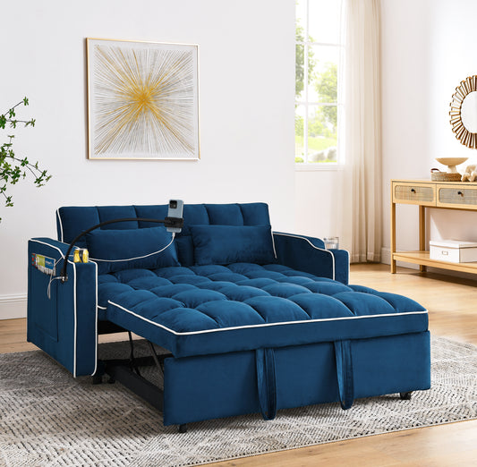 55.51 inch versatile foldable sofa bed in 3 lengths, modern sofa sofa sofa velvet pull-out bed, adjustable back and with USB port and ashtray and swivel phone stand (BLUE)