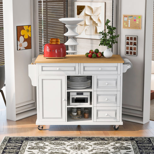 Kitchen cart with Rubber wood desktop rolling mobile kitchen island with storage and 5 draws 53 Inch  length(White)