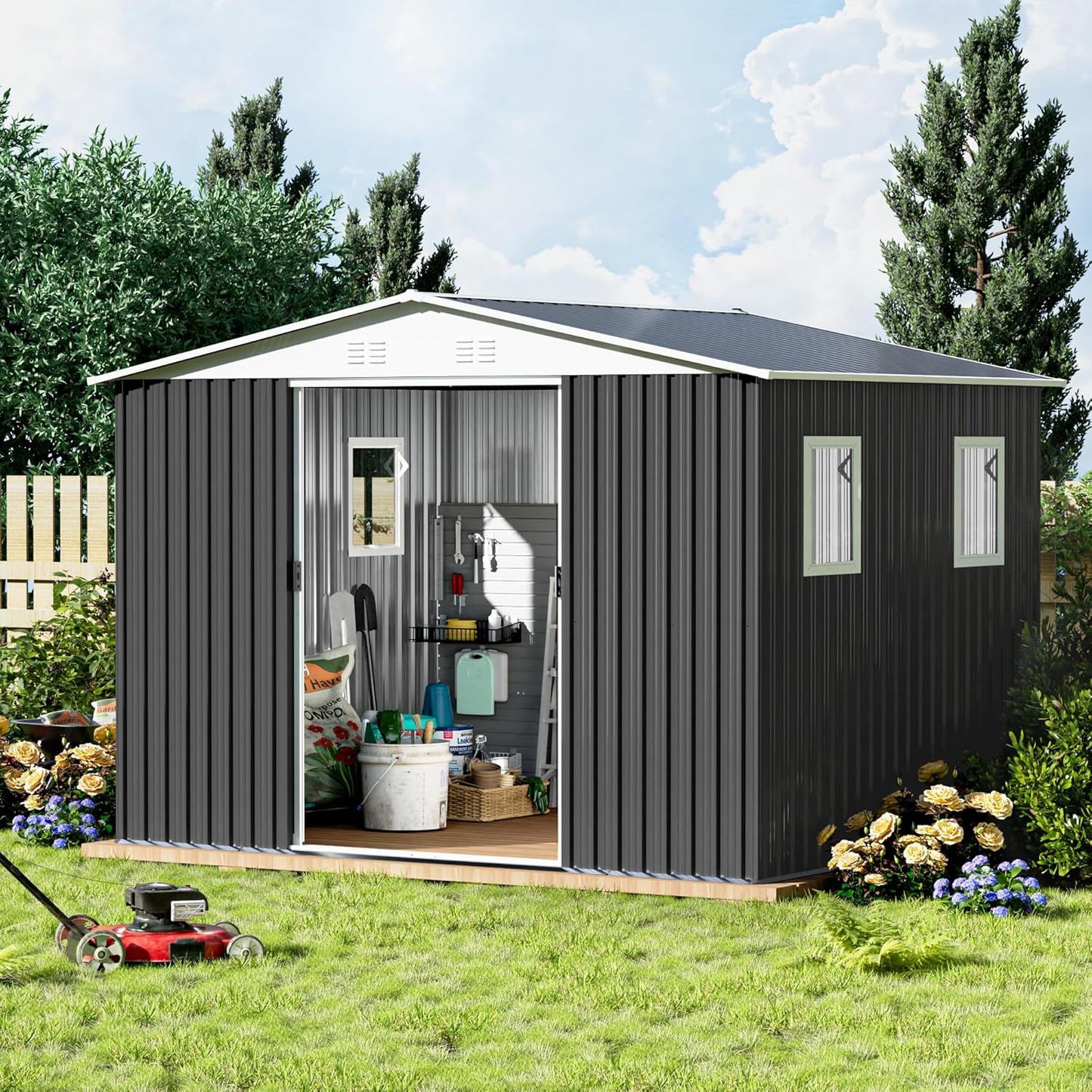 Metal Anti-Corrosion Utility Tool House with Lockable Door, Garden Shed 10FTx8FT Apex Roof Grey With Windows and Aluminum alloy frame