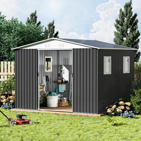 Metal Anti-Corrosion Utility Tool House with Lockable Door, Garden Shed 10FTx8FT Apex Roof Grey With Windows and Aluminum alloy frame