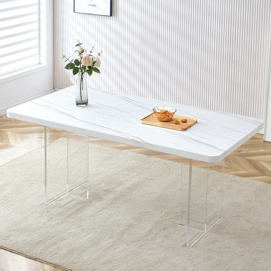 Modern minimalist white dining table, striped MDF tabletop, acrylic table legs. Computer desk. Dining table. Suitable for restaurants, living rooms, and kitchens. F-1298