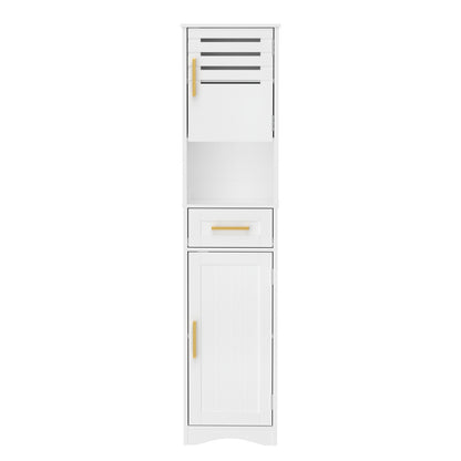 Tall Bathroom Floor Storage Cabinet,Narrow Slim Freestanding Cabinet with 1 Drawer and 2 Doors Storage Cabinet with 5 Adjustable Height Shelf, 15 x 12 x 67Inches, White