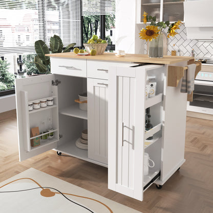 K&K Kitchen Island with Drop Leaf, Kitchen Storage Cart with 3 Tier Pull Out Cabinet Organizer, Internal Storage Rack, Rolling Kitchen Cart on Wheels with Towel Rack, 2 Drawers, for Kitchen, White