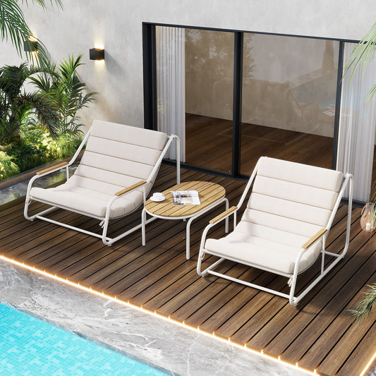 TREXM Outdoor Chaise Lounge Chairs Set of 3, Patio Chaise Lounge Chair with Acacia Side Table, Pool Lounge Chairs for Lawn, Deck, Beach, Beige+White