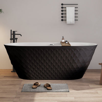 67'' acrylic freestanding bathtub with unique diamond pattern design: spacious oval shape, Black finish, Chrome overflow and pop-up drain CUPC Certificate