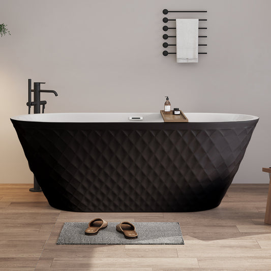 67'' acrylic freestanding bathtub with unique diamond pattern design: spacious oval shape, Black finish, Chrome overflow and pop-up drain CUPC Certificate