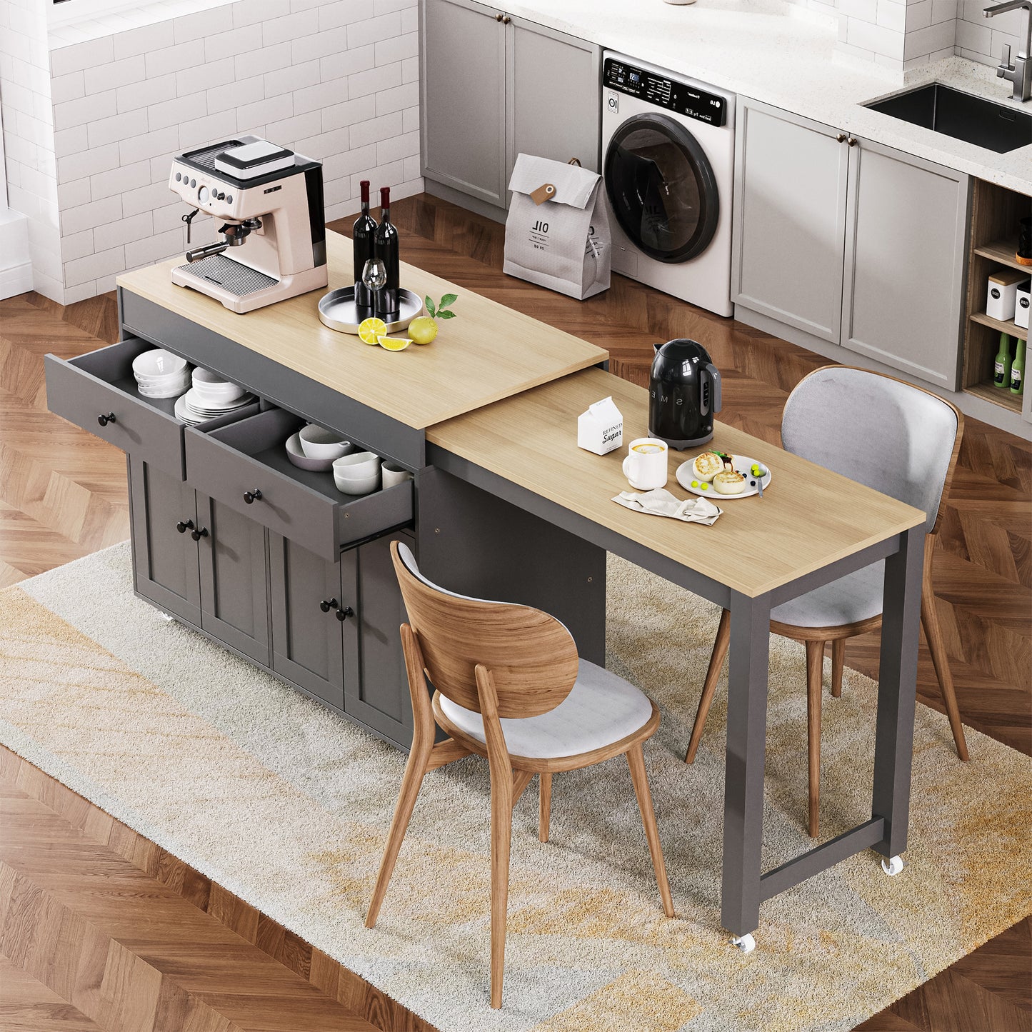 K&K 74.5 inch Kitchen Island with Extendable Dining Table , Rolling Kitchen Island on Wheels with Spice Rack and 2 Drawers,  Kitchen Storage Cart with 4 Door Cabinet, for Kitchen, Dining Room, Grey