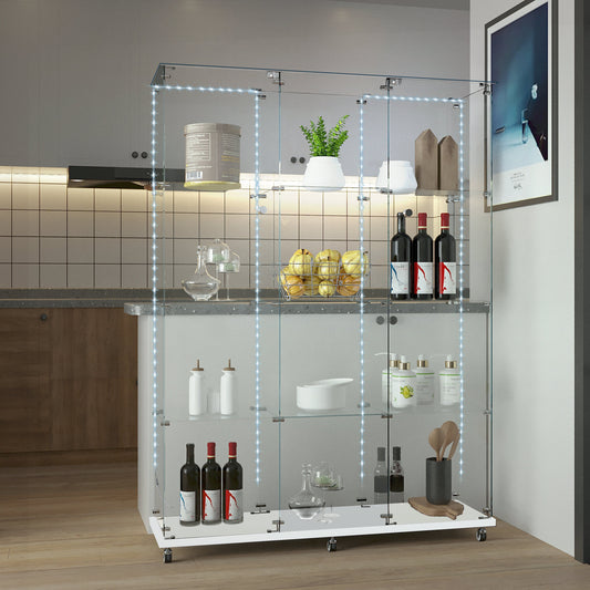 Tempered Glass Display Cabinet,Wine Cabinet, Storage Cabinet,File Cabinet with Bluetooth LED Light Strips,Tempered Glass Top, Lock on Door Wheels,Suitable for Living Room, Bedroom, Hall, Office,white