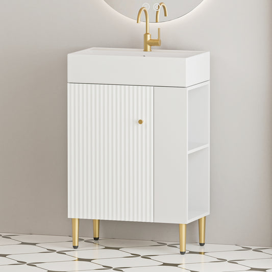 21.6' Open-shelving Bathroom Vanity with Ceramic Sink and Soft-Closing Door, Cloakroom Open Shelf Storage Cabinet on the Right Side, Assembly Required, White 24VB06-21WHR