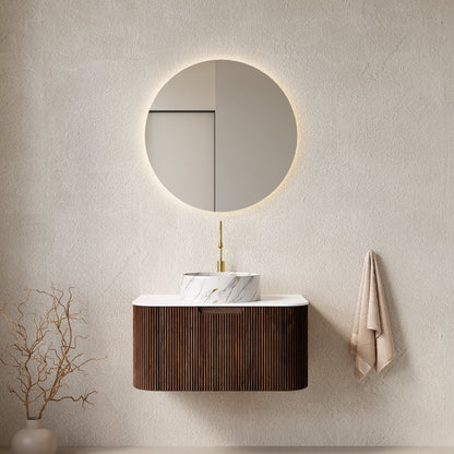 DINA 30' Bathroom Vanity with Sink, Wall-Mounted Floating Curved Edges Striped Bathroom Storage Cabinet with Drawer, White Ceramic Basin without Faucet, Pre-assembled, Dark Walnut Woodgrain Color
