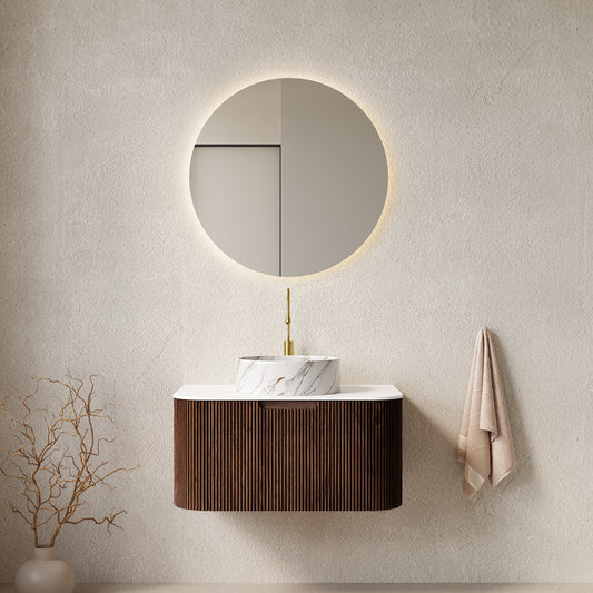 DINA 30' Bathroom Vanity with Sink, Wall-Mounted Floating Curved Edges Striped Bathroom Storage Cabinet with Drawer, White Ceramic Basin without Faucet, Pre-assembled, Dark Walnut Woodgrain Color