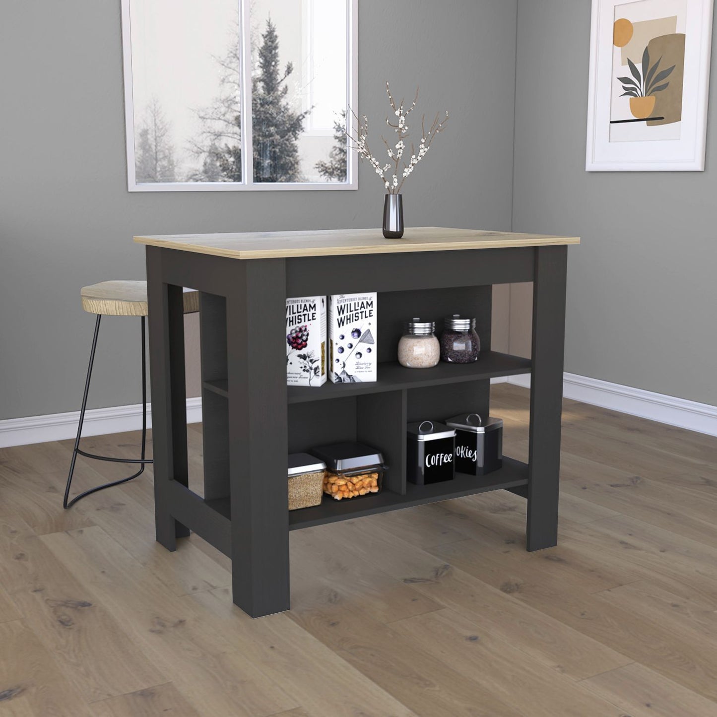 Kitchen Island, kitchen table 35' H, Four Legs, Three Open Storage Shelves, Black / Light Oak