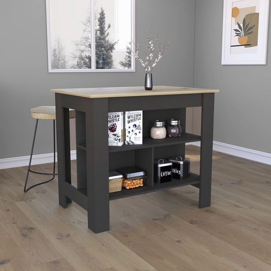 Kitchen Island, kitchen table 35' H, Four Legs, Three Open Storage Shelves, Black / Light Oak