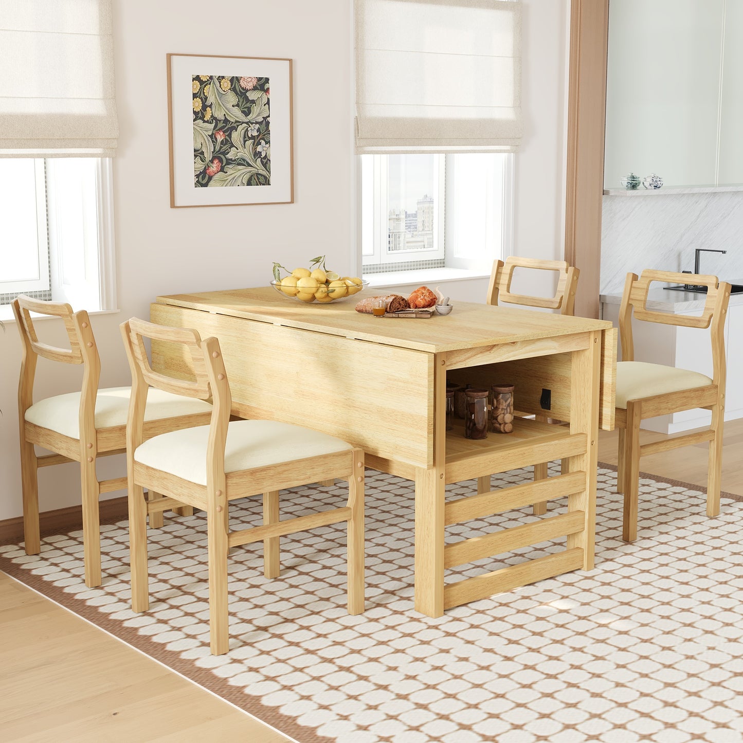 TOPMAX Modern 5-Piece 47.2'' Extendable Wood Square Dining Table Set with Two 11.8-inch Drop Leaves, Compact Storage Shelf Kitchen Table Set with Upholstered Chairs for 4, Natural
