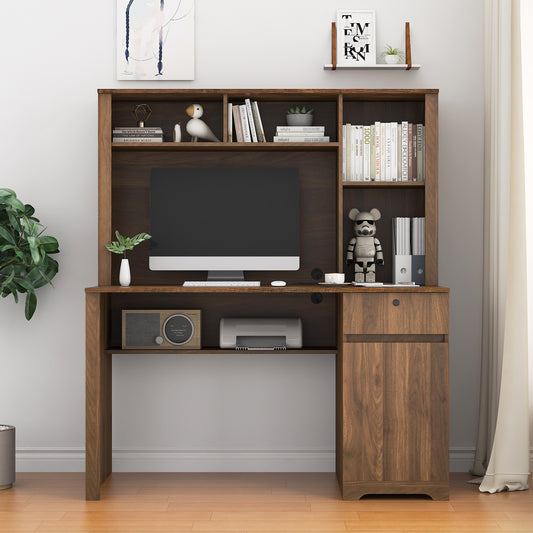 Computer Desk with Hutch & Bookshelf,Wood Executive Desk Teens Student Desk Writing Laptop Home Office Desk with Drawers,3 AC Outlets and 2 USB Charging Ports,Study Laptop Table for Home